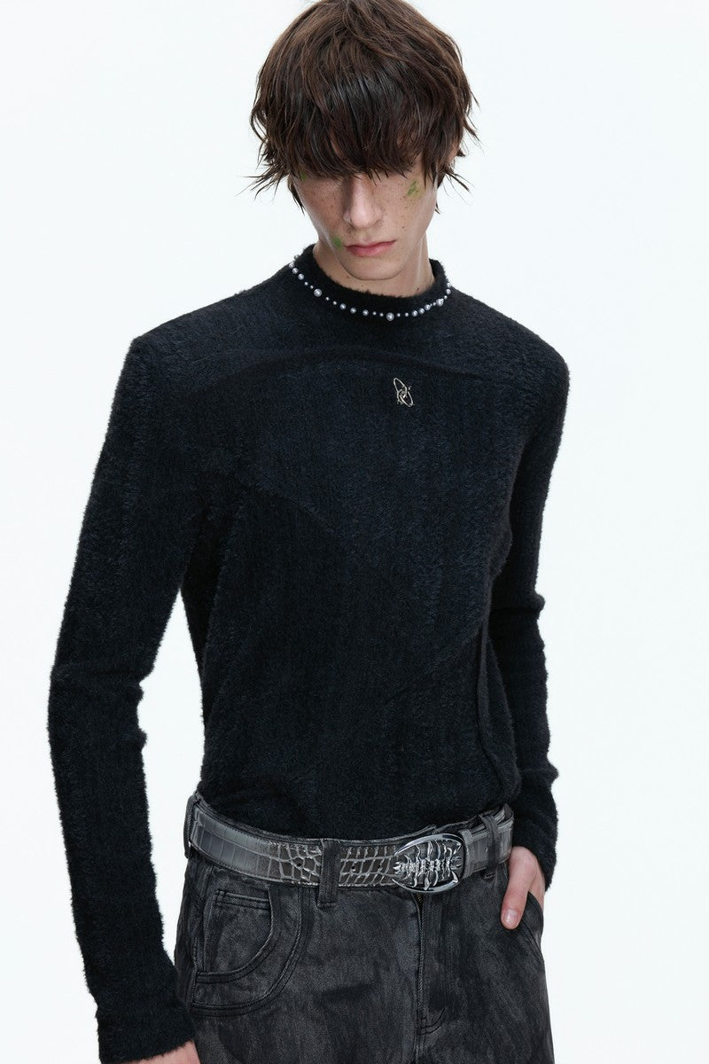 Fleece Pearl Trim Mock Neck Tee