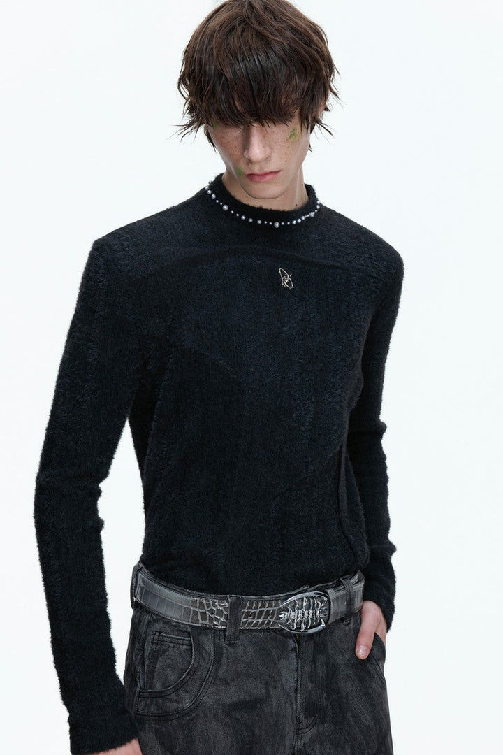 Fleece Pearl Trim Mock Neck Tee