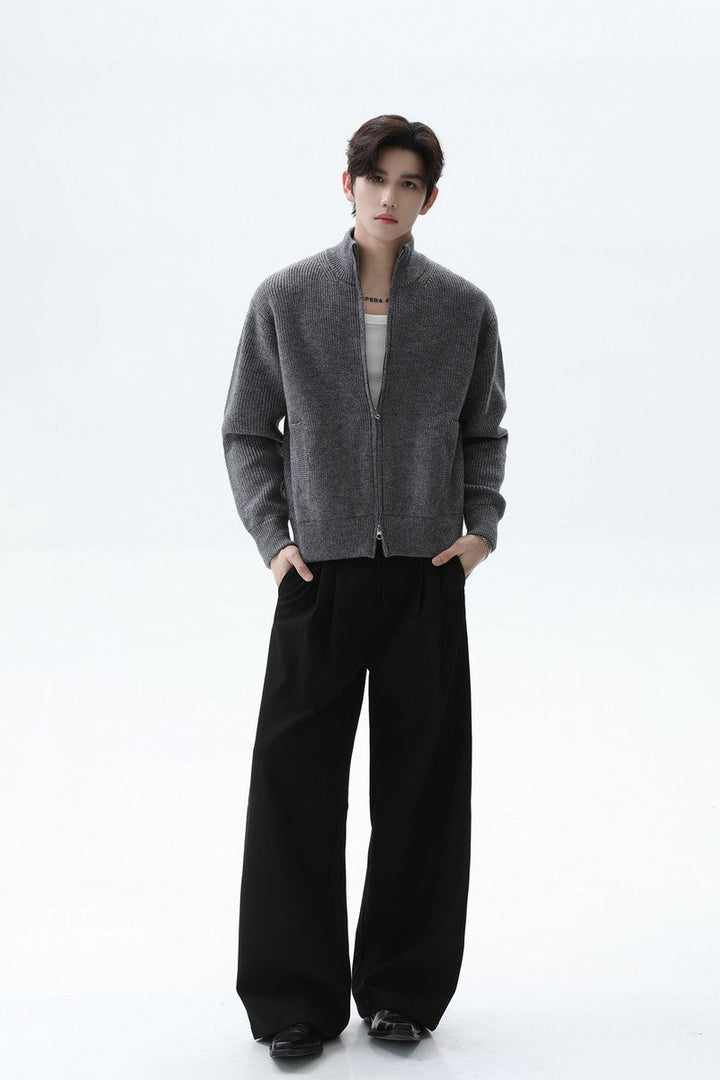 Wool Zip Up Stand Collar Cardigan