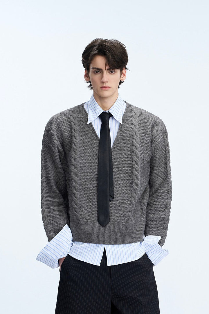 Layered V-Neck Cable Knit Sweater