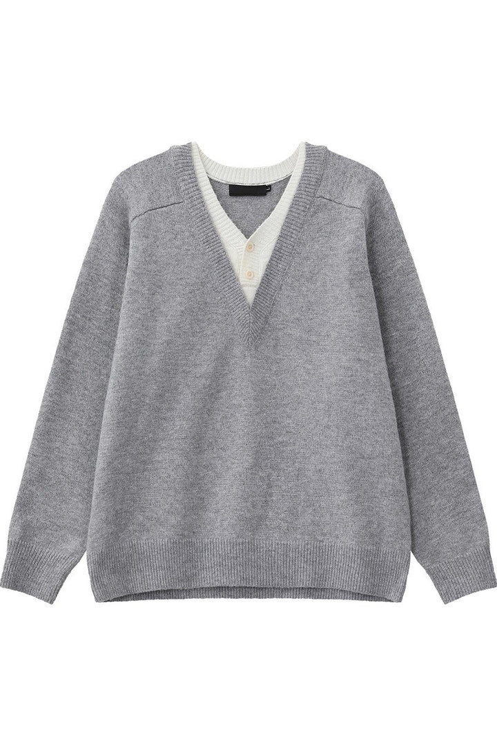 Layered Look Wool V Neck Sweater
