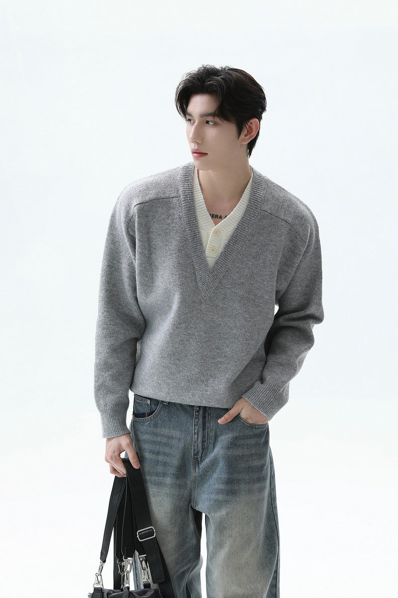 Layered Look Wool V Neck Sweater