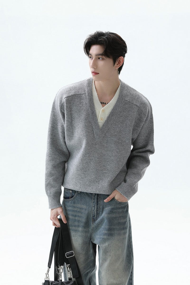Layered Look Wool V Neck Sweater
