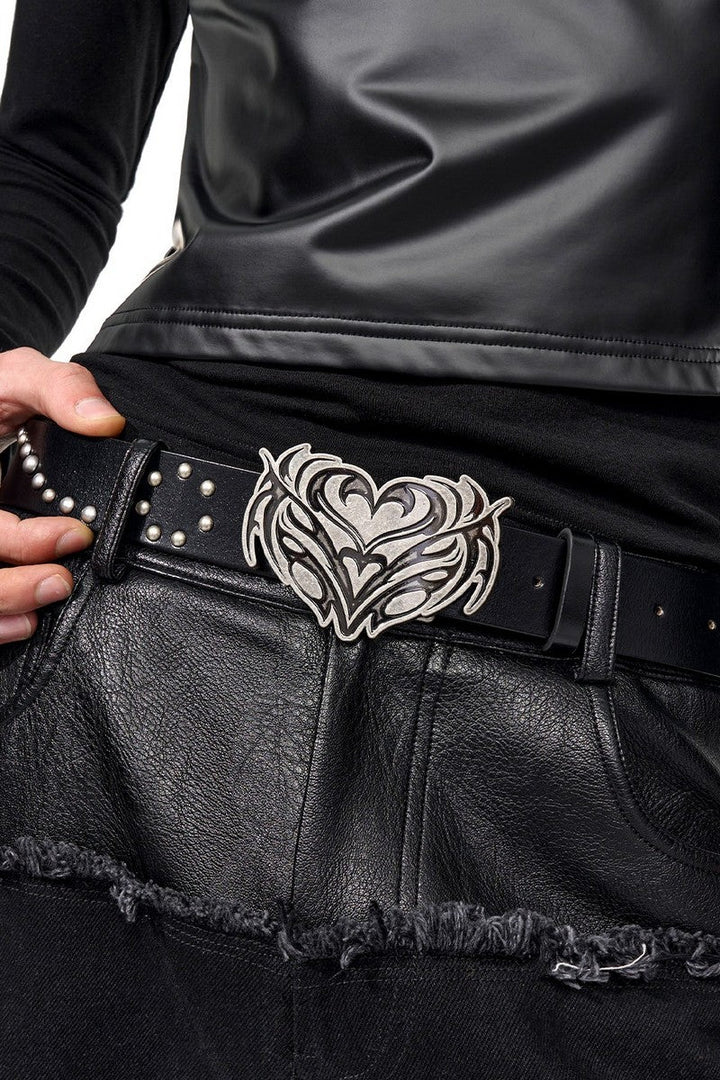 Heart Buckle Studded Leather Belt