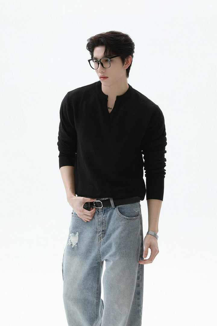 Textured V Neck Knit Sweater