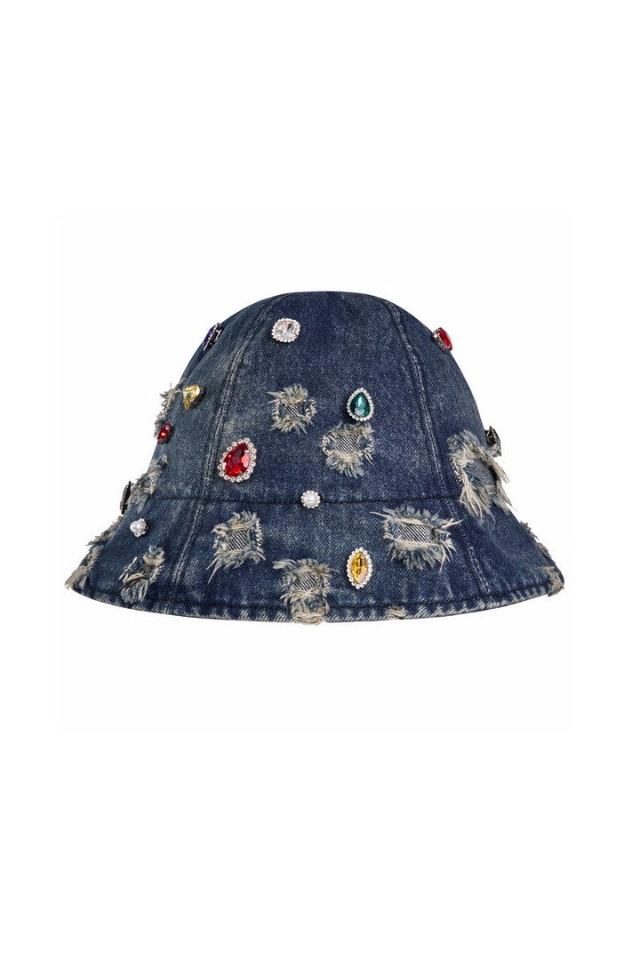 Handmade Rhinestone Distressed Denim Hat
