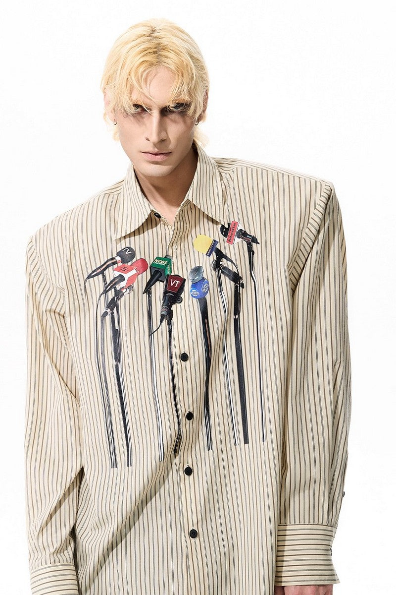 Microphone Print Striped Shirt