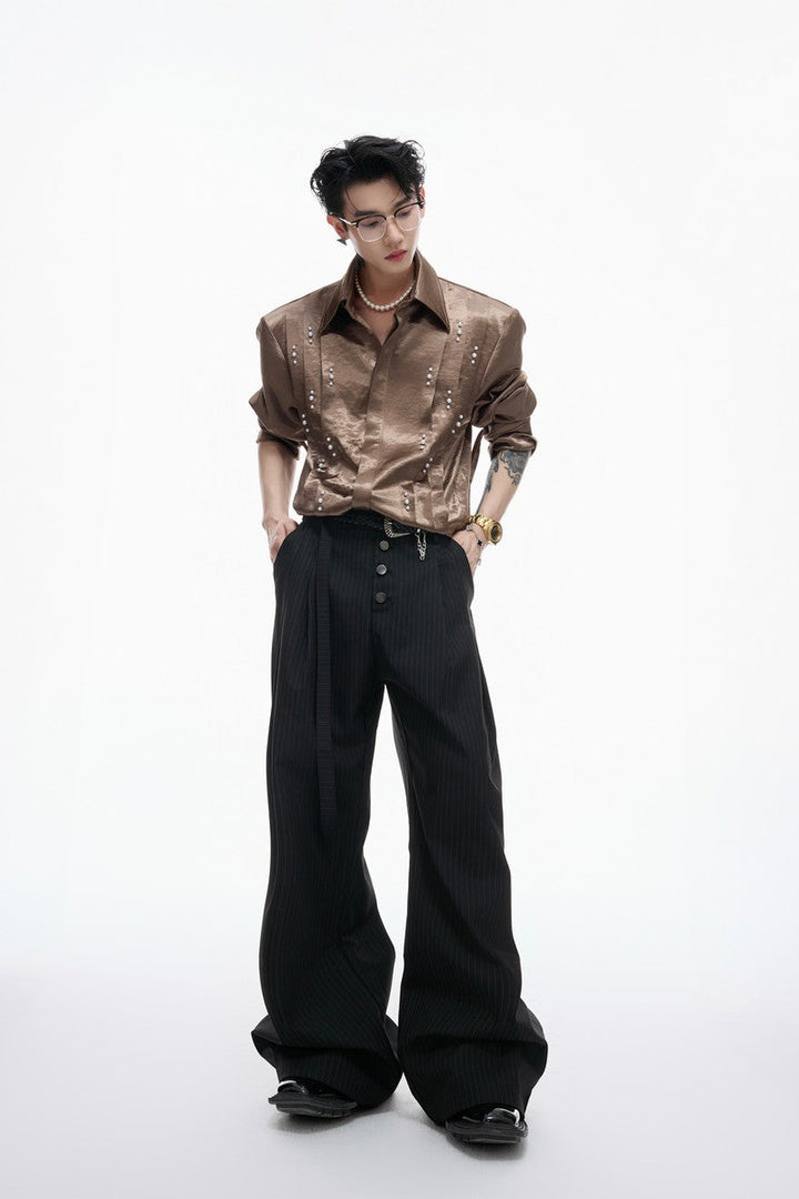 Metallic Tie Pearl Pleated Shirt