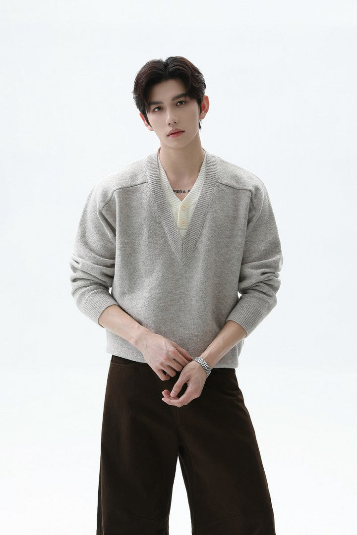 Layered Look Wool V Neck Sweater