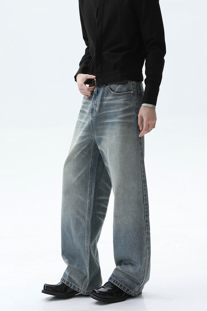 Faded Whisker Wash Wide Leg Jeans