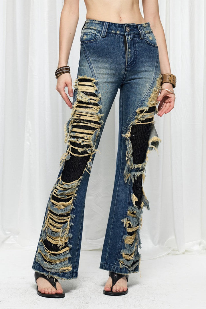 Distressed Sequin Flare Jeans