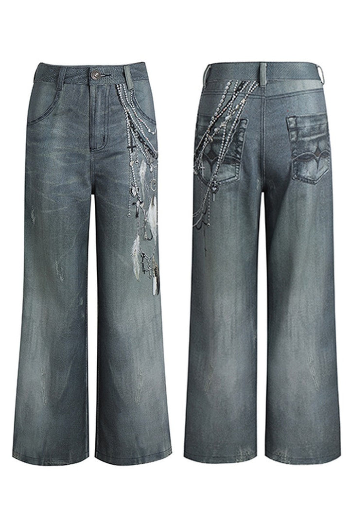 3D Pearl Chain Flared Jeans