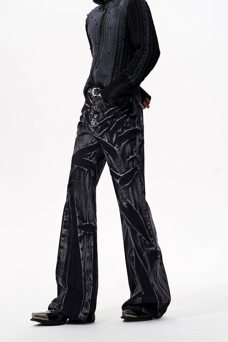 Wavy Washed Black Flared Jeans