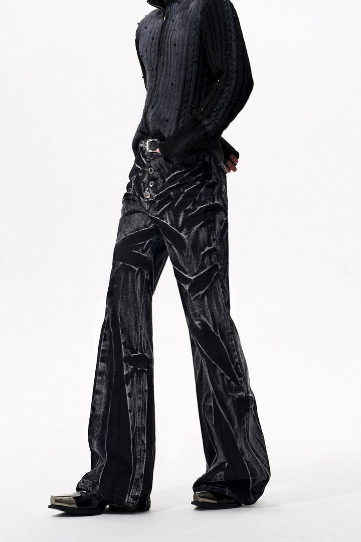 Wavy Washed Black Flared Jeans