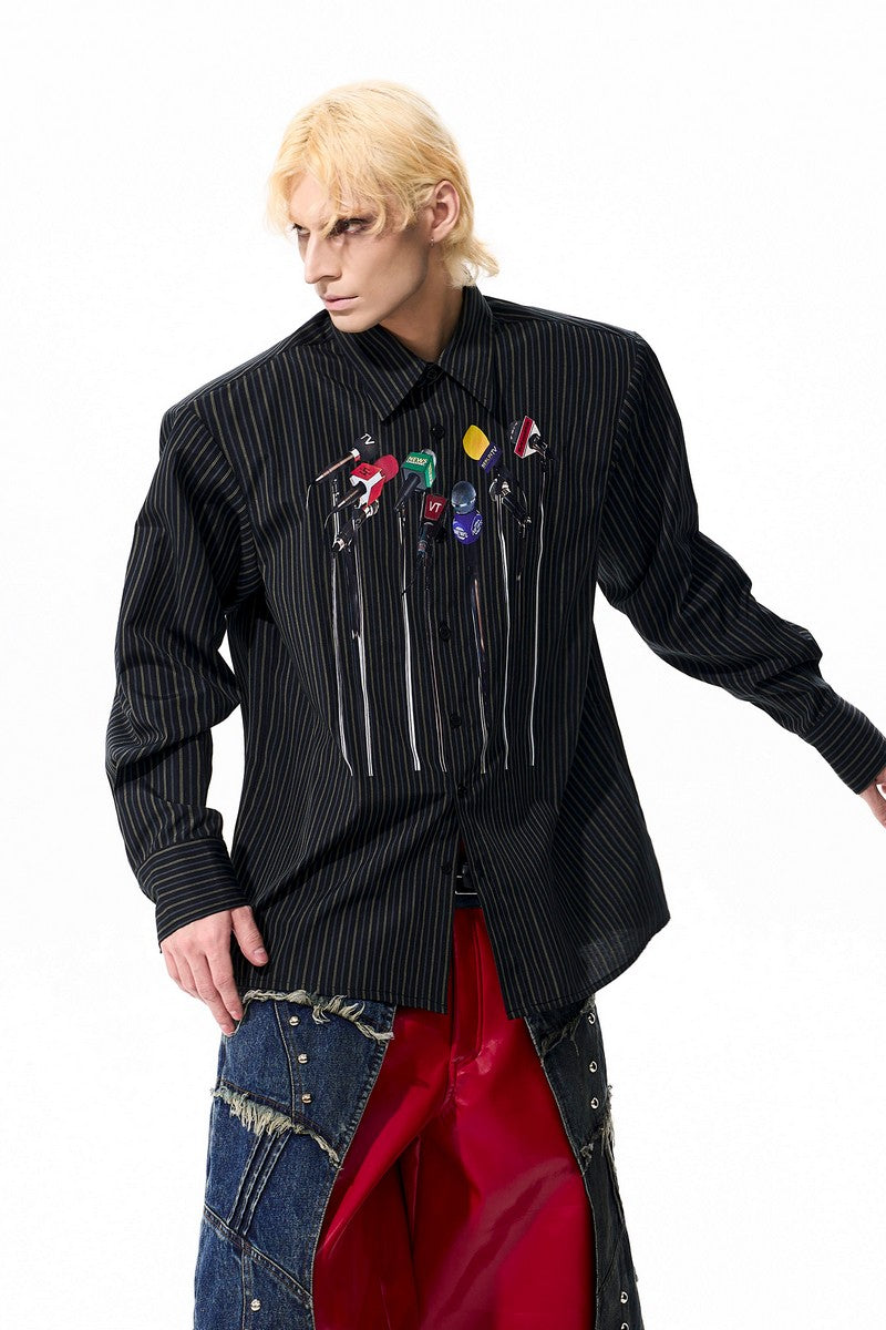 Microphone Print Striped Shirt