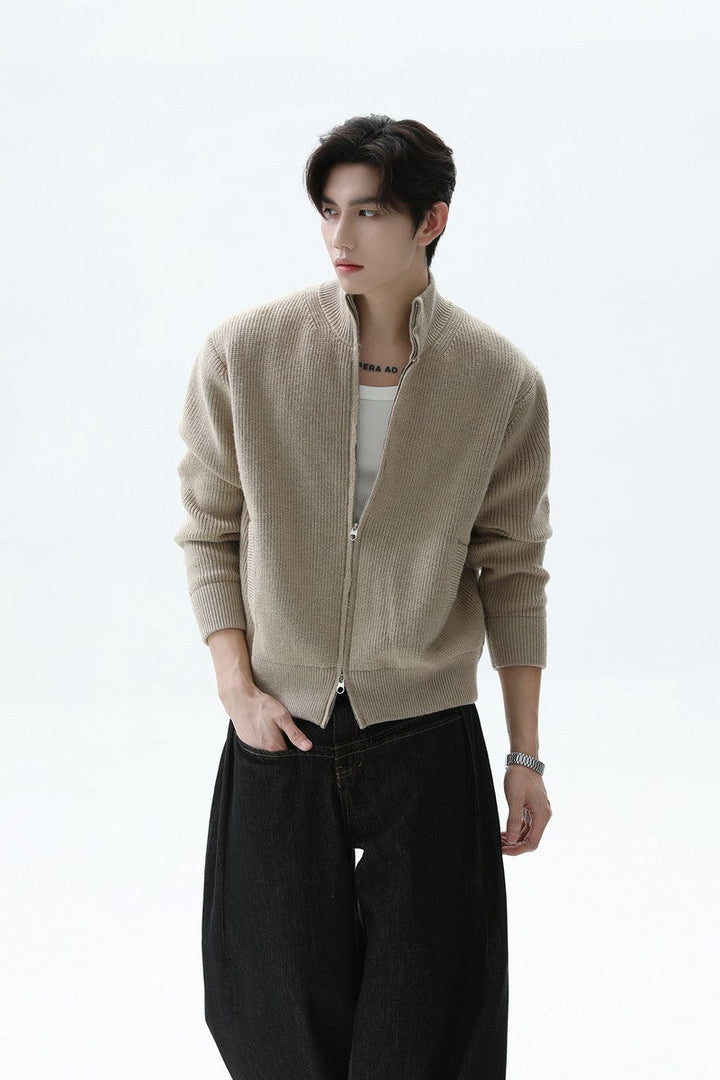 Wool Zip Up Stand Collar Cardigan