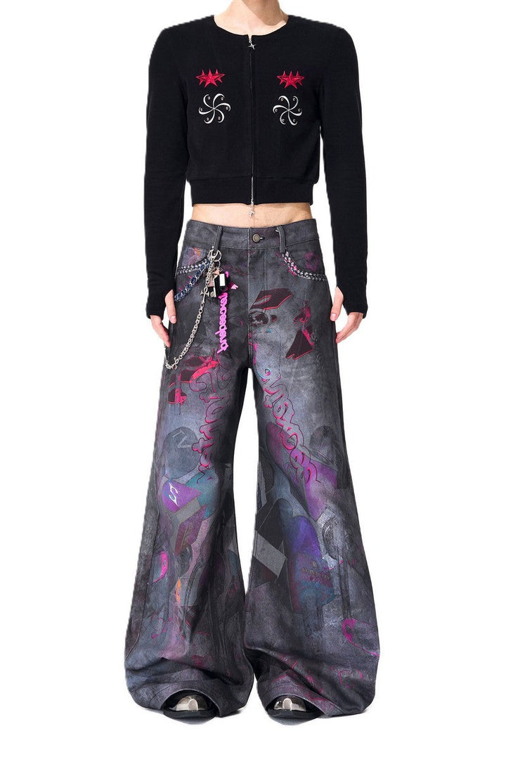 Mic Print Dirty Wash Jeans