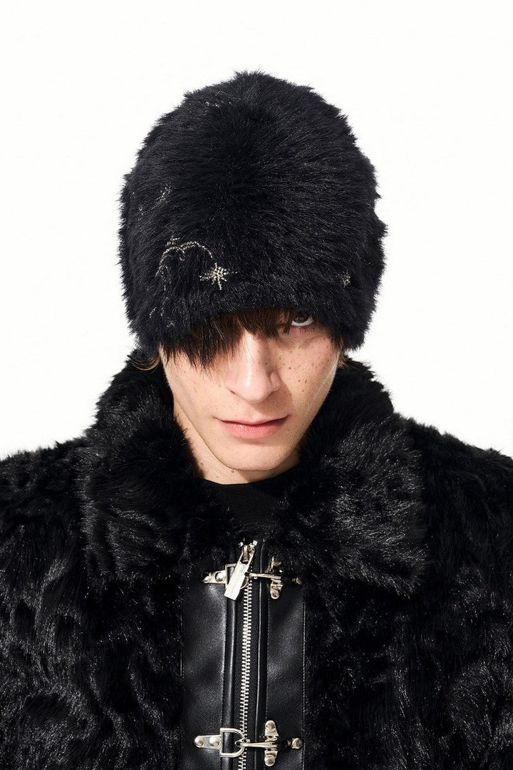 Embroidered Faux Mink Knit Beanie
