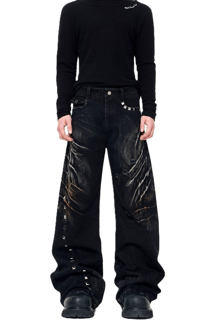 Washed Whisker Studded Wide Jeans