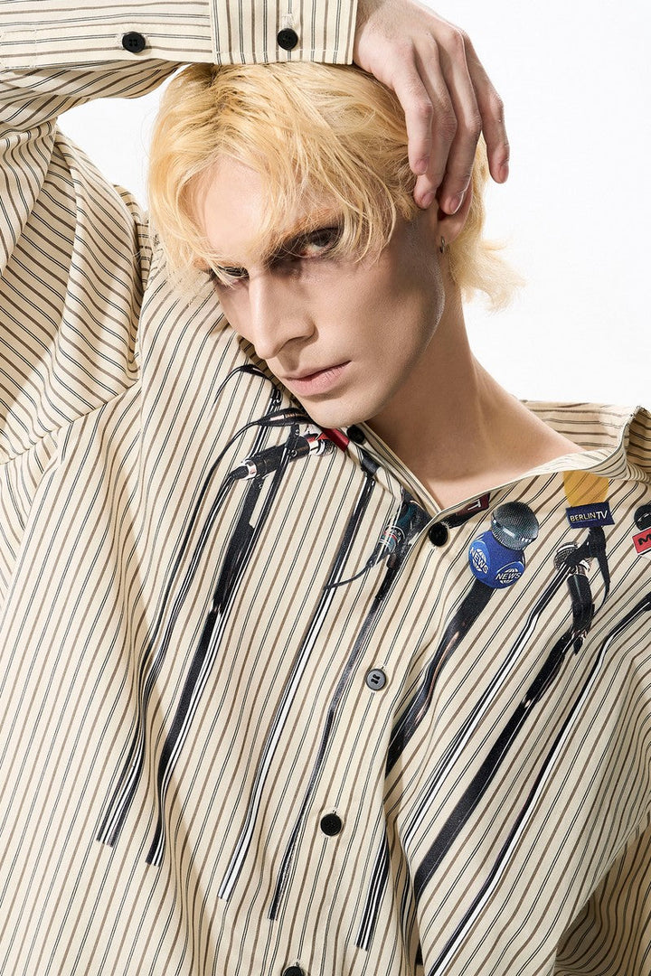 Microphone Print Striped Shirt