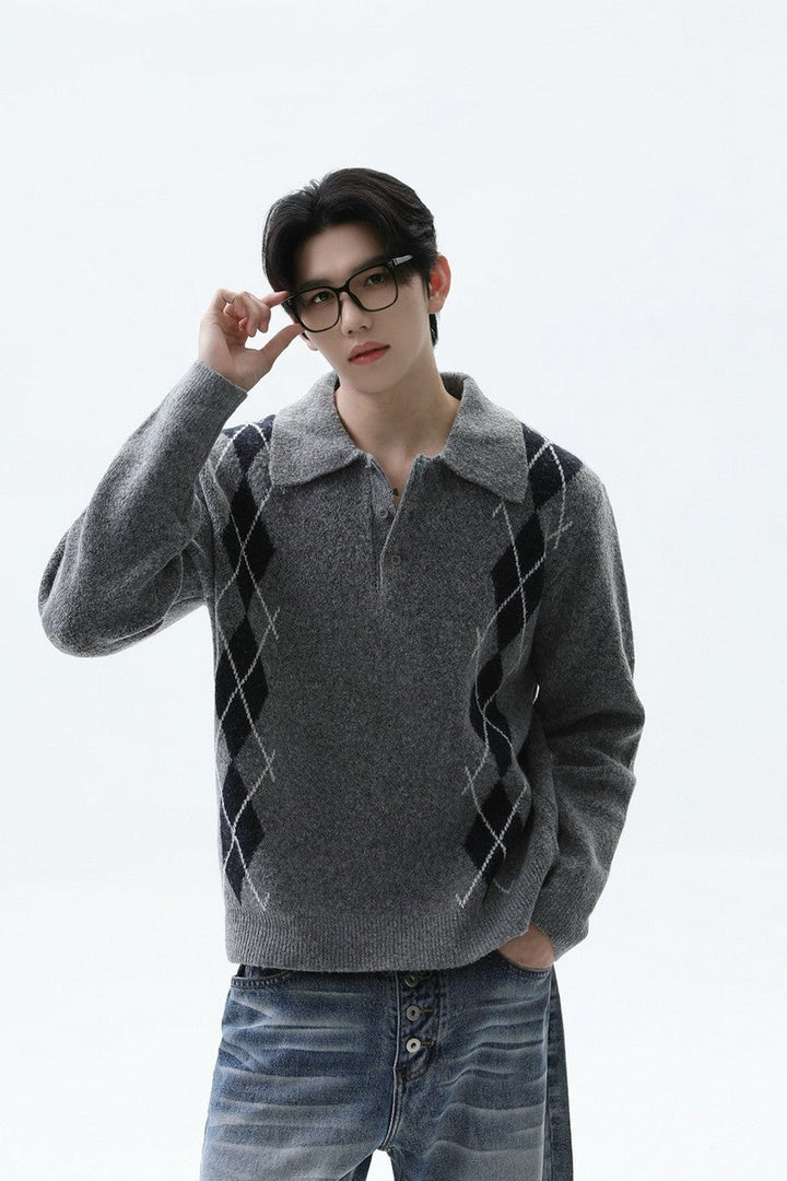 Argyle Contrast Polo Knit Sweater