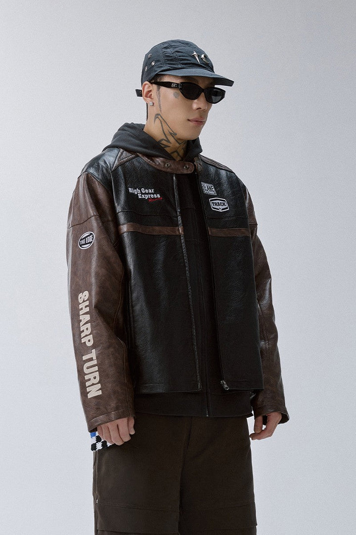 Embroidered Colorblock Moto Jacket