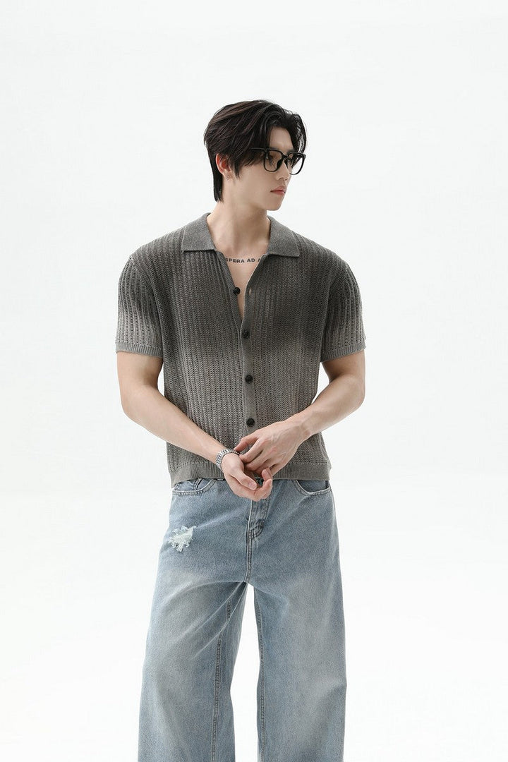Ombre Wool Knit Polo Cardigan