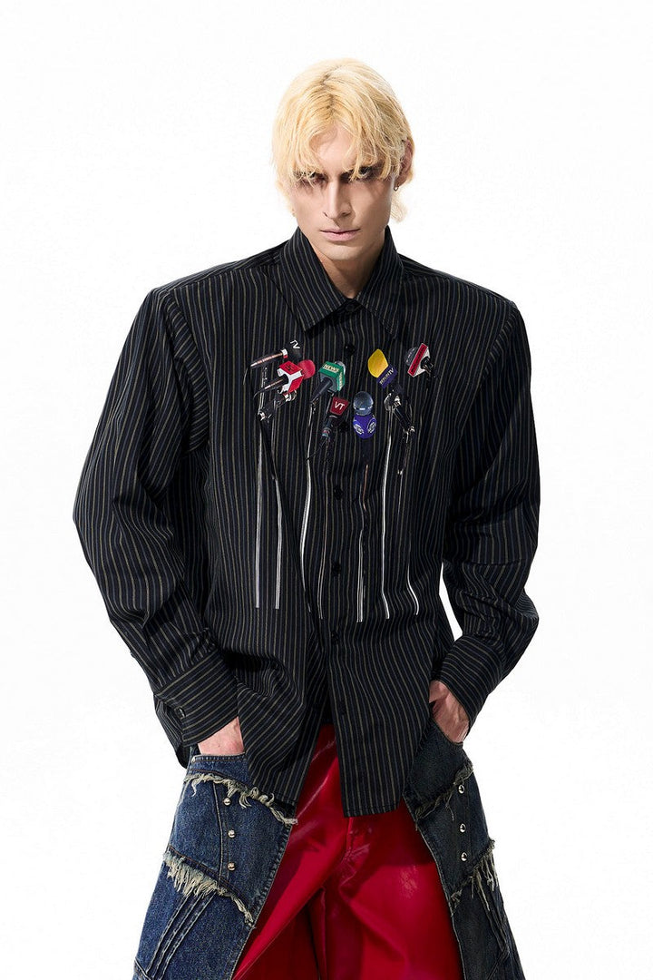 Microphone Print Striped Shirt