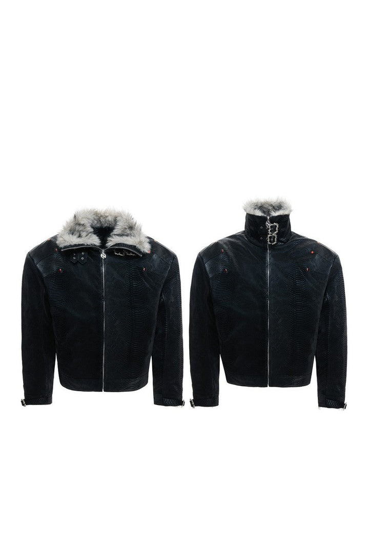 Snake Print Puffer Leather Jacket