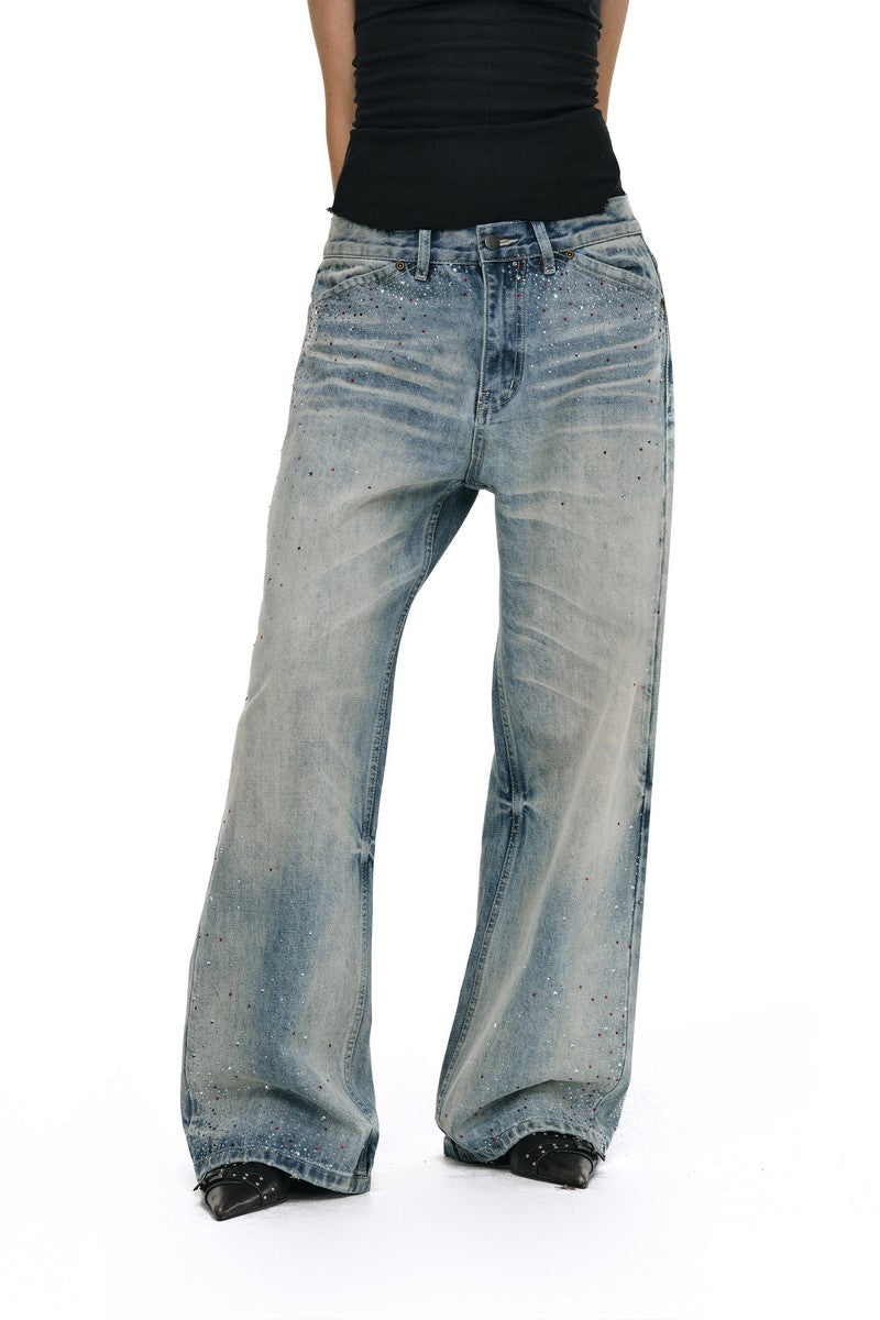 Washed Rhinestone Straight Jeans