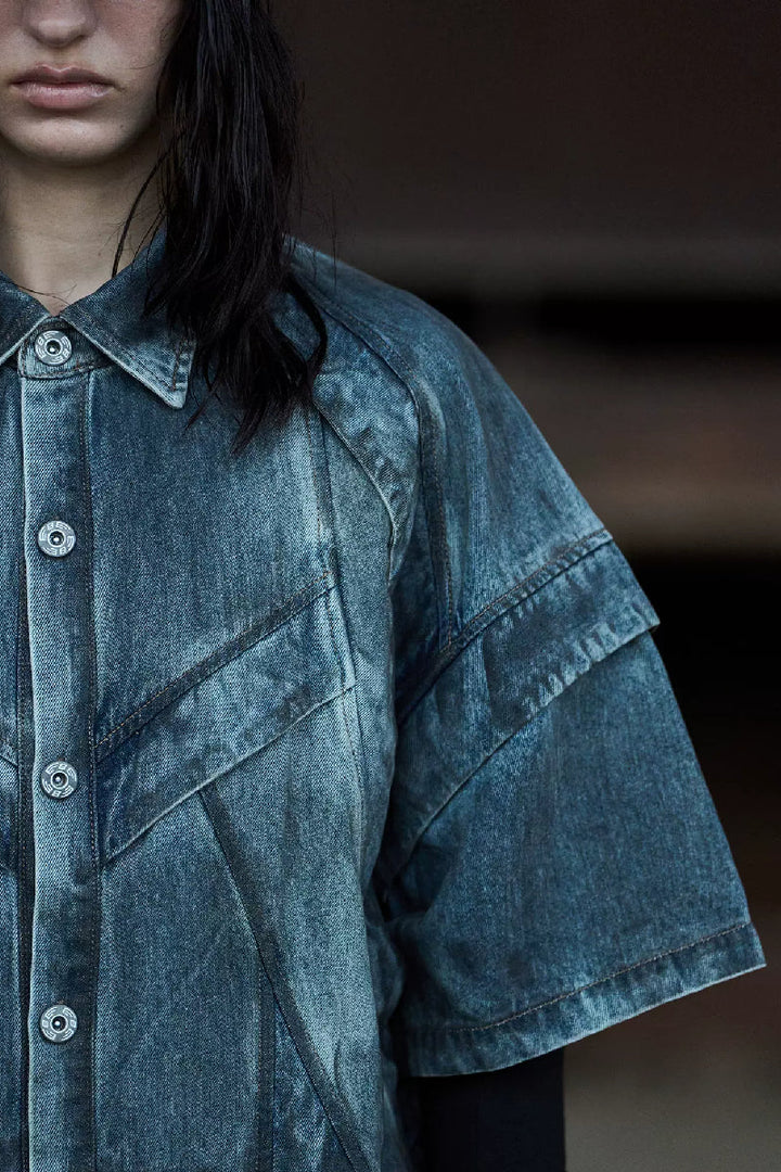 Distressed Denim Short Sleeve Shirt