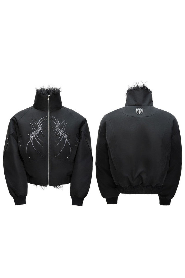 Embroidered Studded Fleece Puffer Jacket