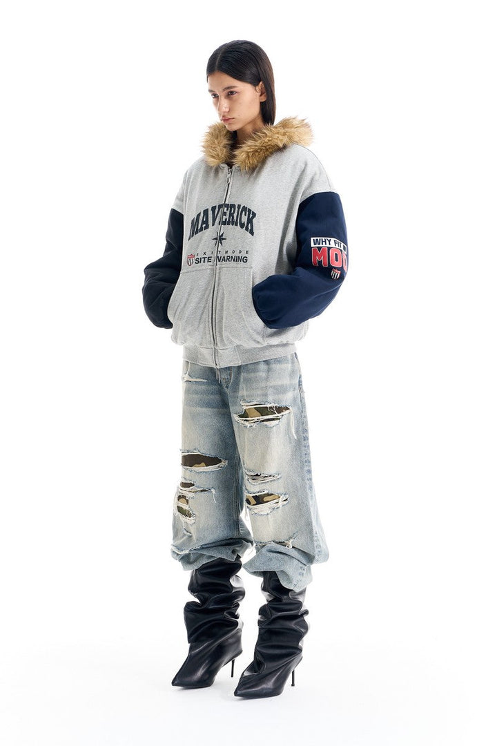 Colorblock Fleece Collar Print Jacket