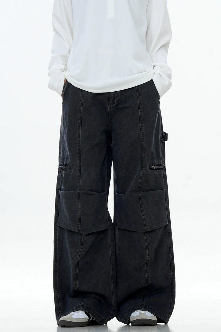 Washed Patchwork Straight Cargo Pants