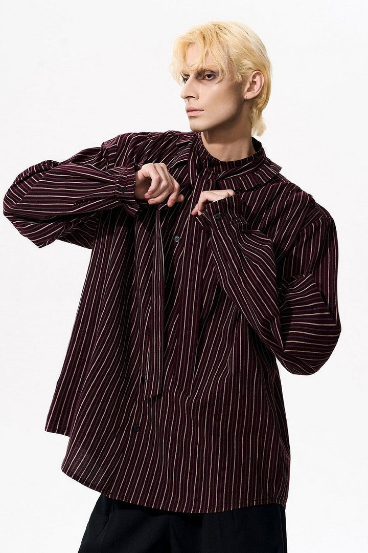 Ruffle Collar Striped Cotton Shirt