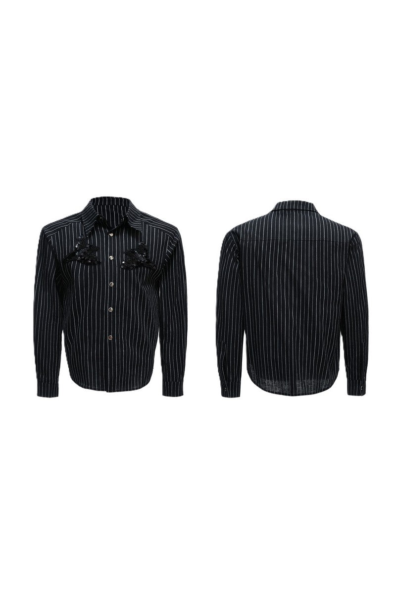 Striped Sequin Embroidered Linen Shirt