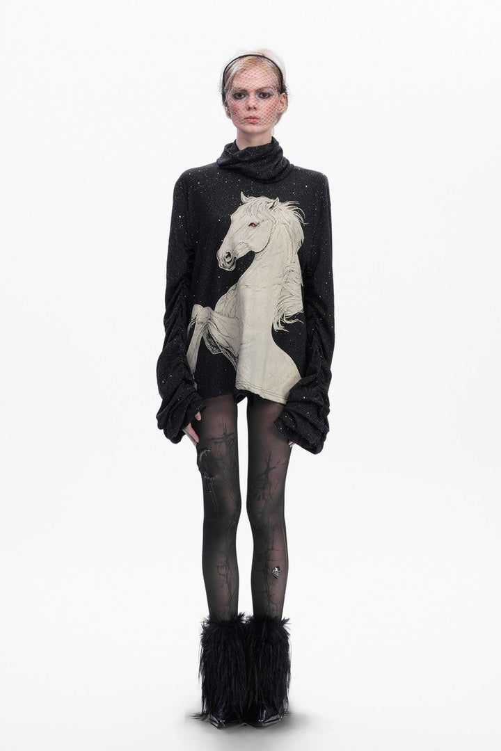 Sequin Horse Print High Neck Sweater