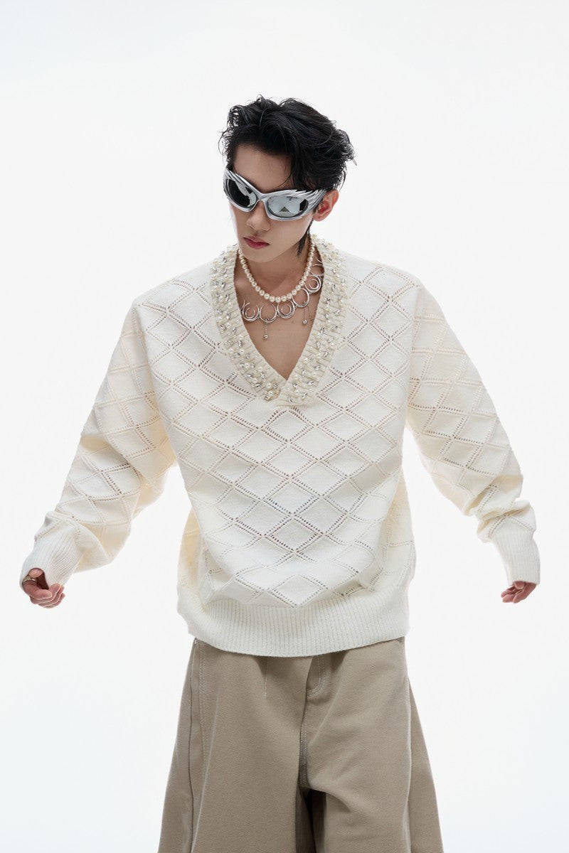 Rhinestone Diamond Knit V-Neck Sweater