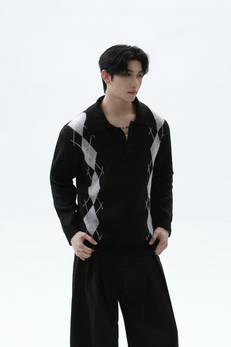 Argyle Contrast Polo Knit Sweater