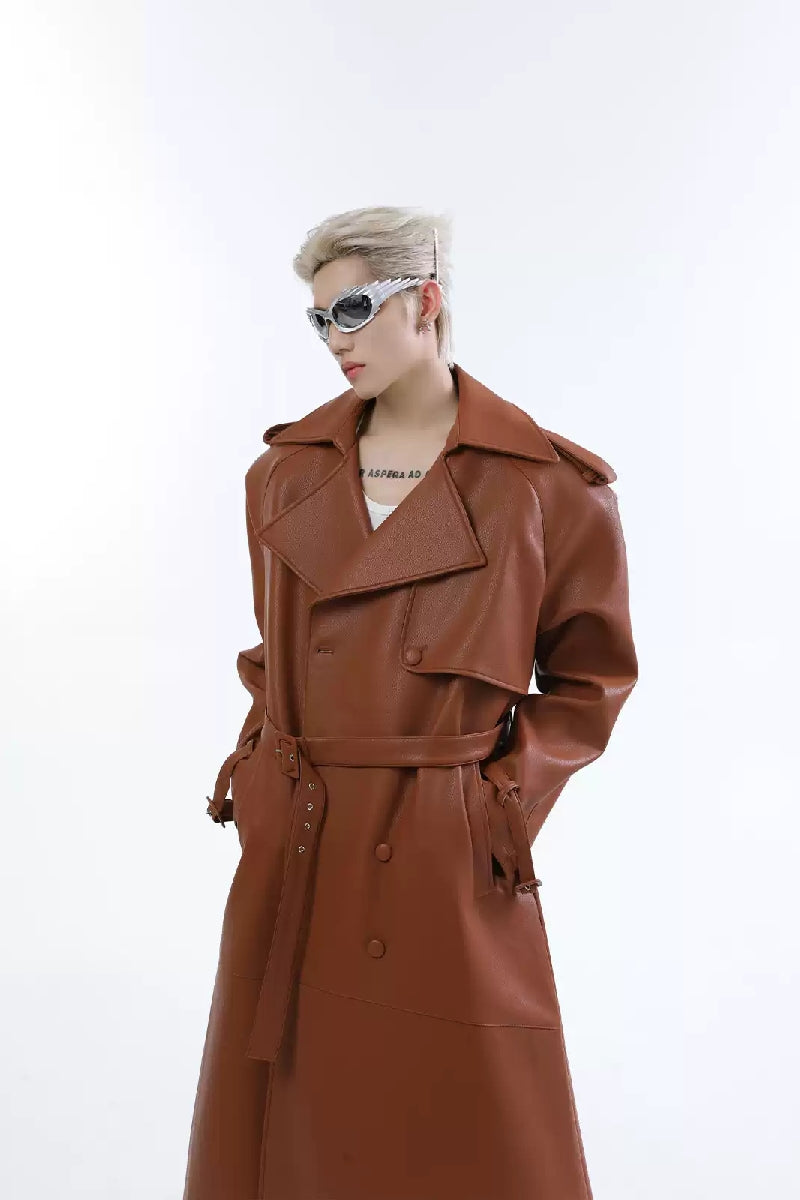 PU Belted Long Coat