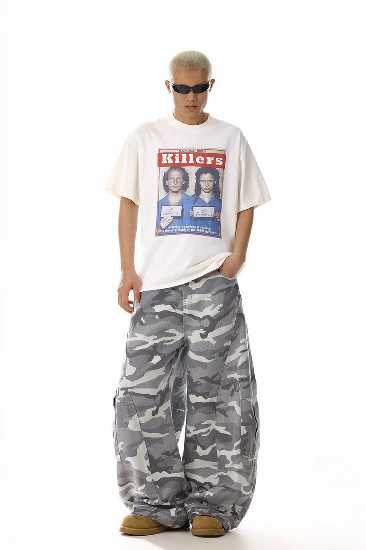 Grey Camo Wide Cargo Pants
