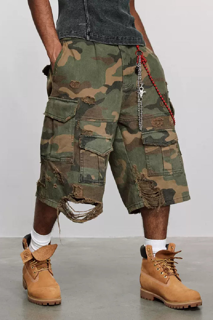 Distressed Camo Cargo Shorts