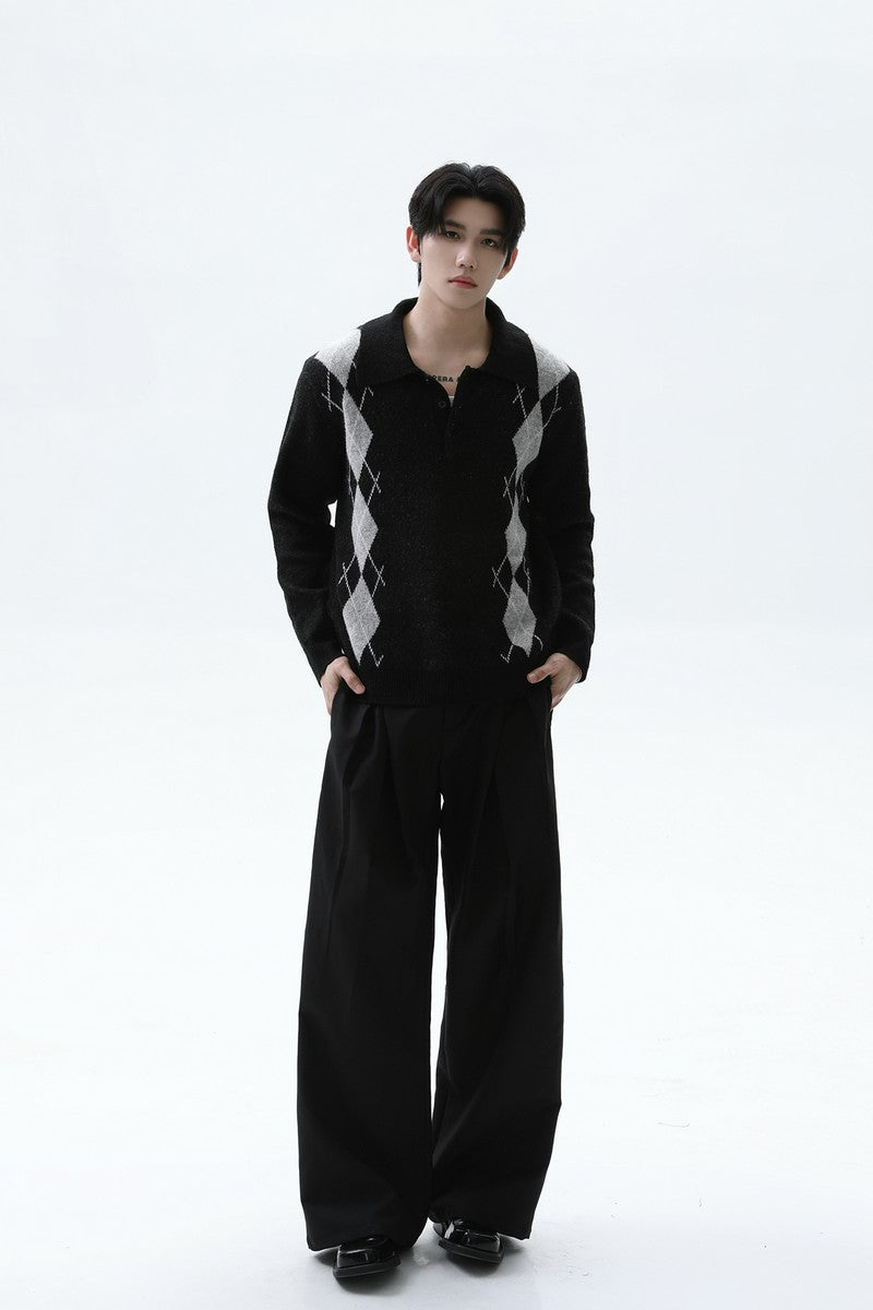 Argyle Contrast Polo Knit Sweater