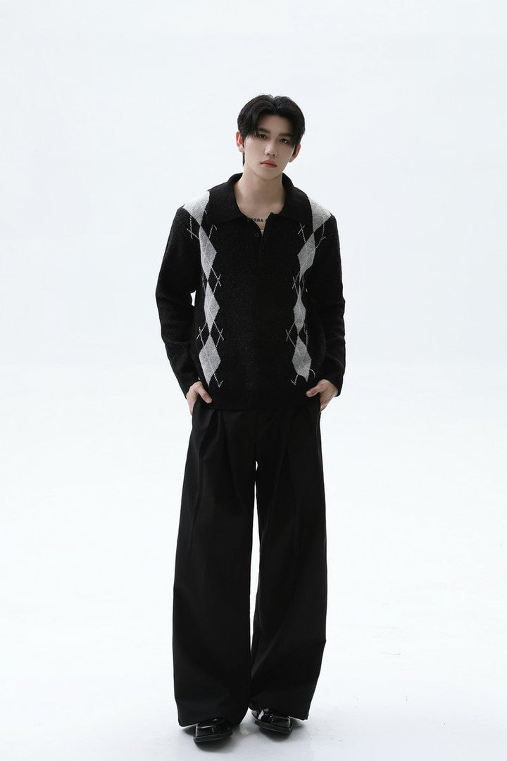 Argyle Contrast Polo Knit Sweater