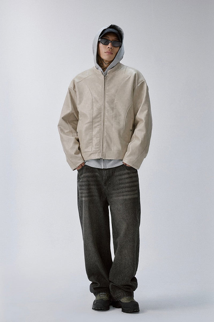 Washed Patchwork Moto Leather Jacket