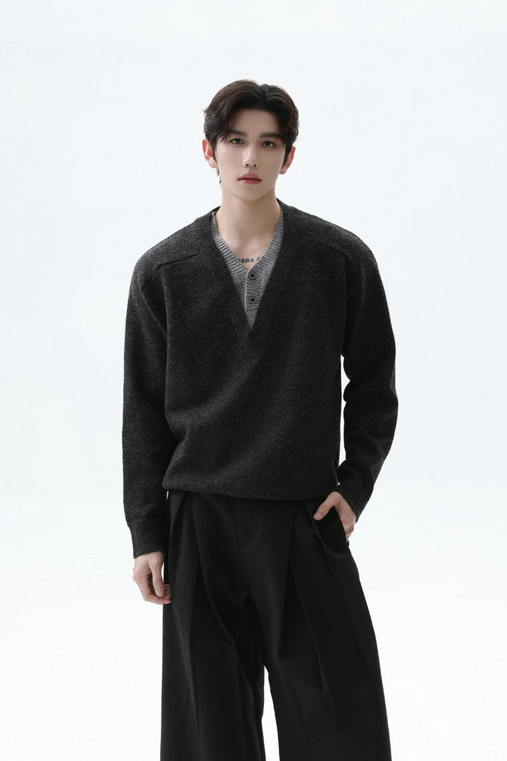 Layered Look Wool V Neck Sweater