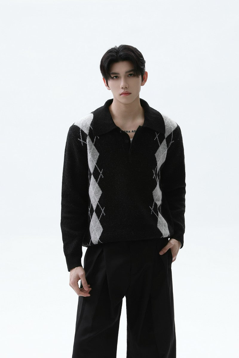 Argyle Contrast Polo Knit Sweater