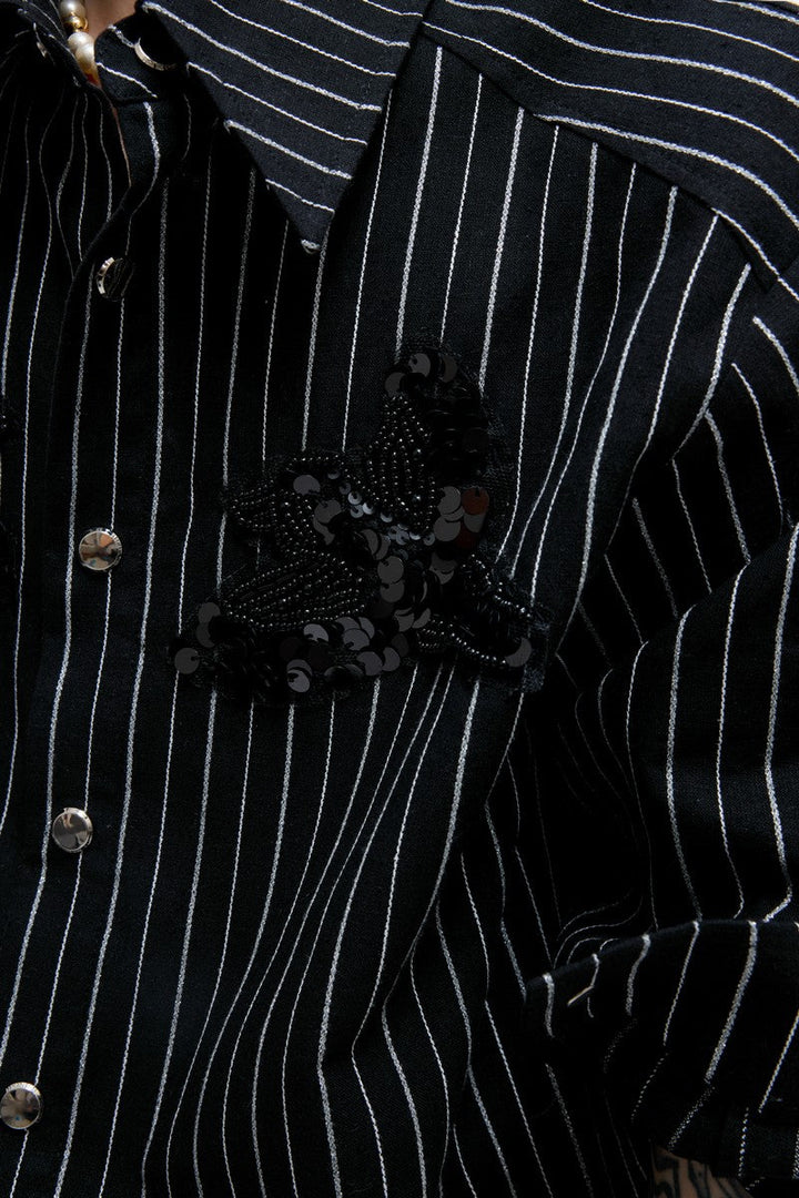Striped Sequin Embroidered Linen Shirt
