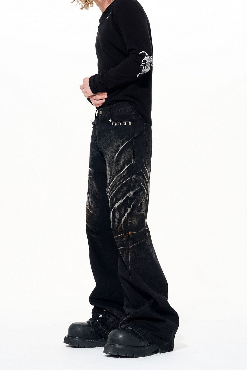 Washed Whisker Studded Wide Jeans