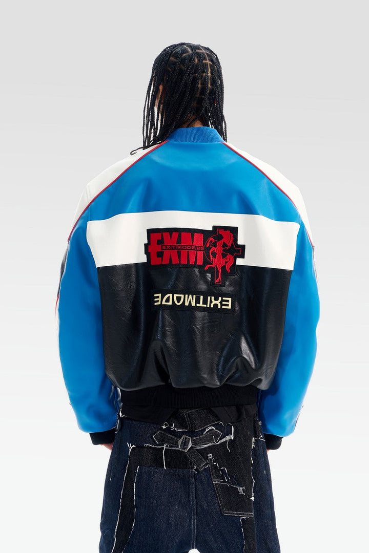 Colorblock Embroidered Faux Leather Jacket